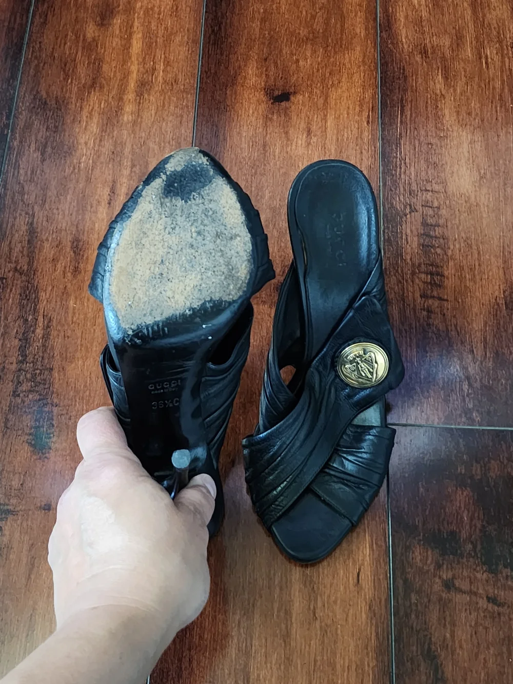 Gucci Black Leather High Heel Slide with Gold Medallion